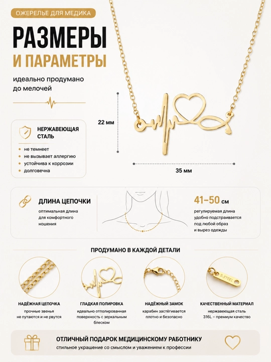 Кулон на цепочке для медика, ожерелье ЭКГ сердце стетоскоп, подарок врачу