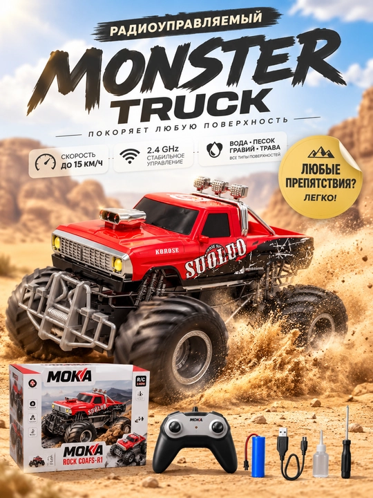 Radio boshqaruvli Monster Truck, 4x4, 15 km/soat, 2.4 GHz, off-road mashina - 
