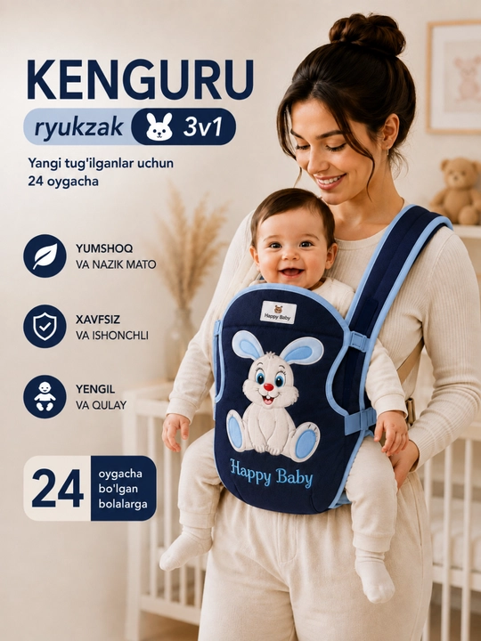 Кенгуру-рюкзак Happy Baby 3в1 для переноски малыша до 24 месяцев, удобный - 