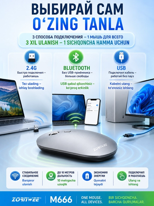 Zornwee M666 — zaryadlanuvchi simsiz sichqoncha, 2.4G va Bluetooth orqali ulanadi