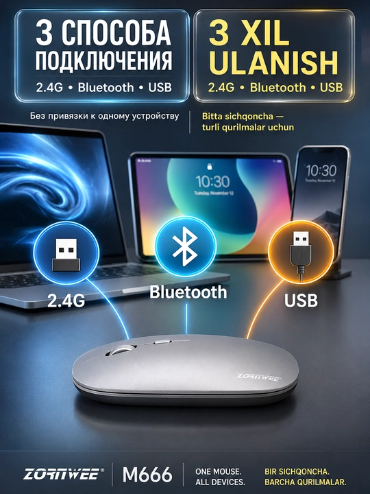 Zornwee M666 — zaryadlanuvchi simsiz sichqoncha, 2.4G va Bluetooth orqali ulanadi