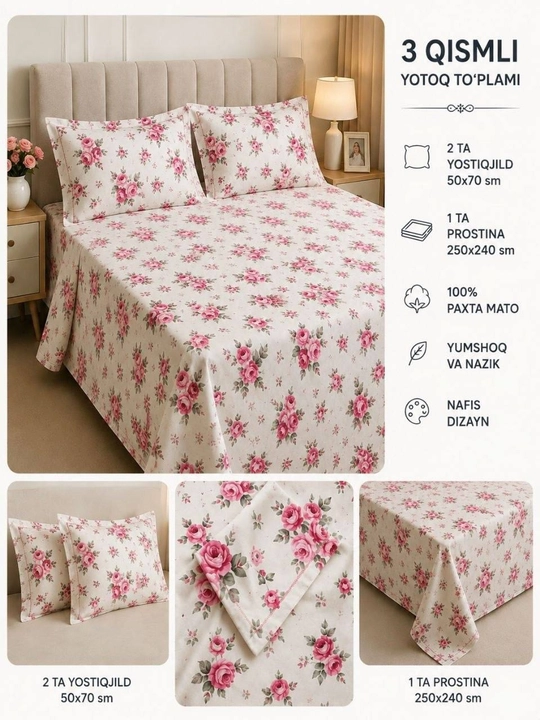 2 kishilik  super satin komplekt, 2ta yostiq jild 50x70, prostina - 
