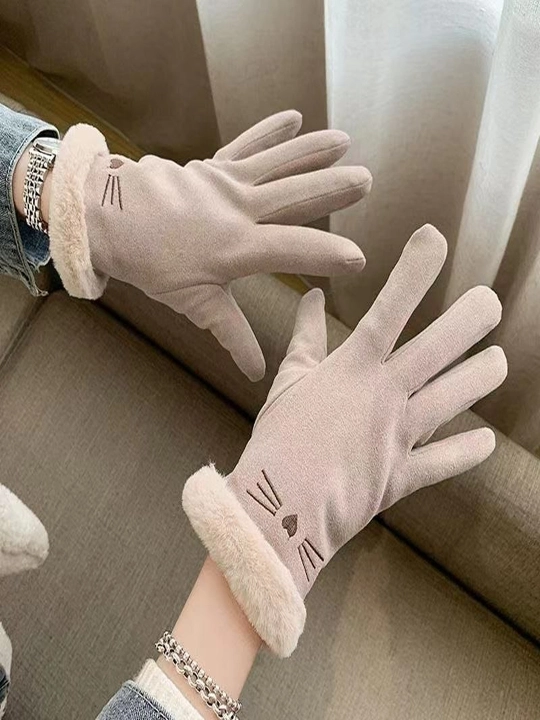 Теплые зимние перчатки для женщин, меховые и приятные на ощупь, с рисунком котенка - 