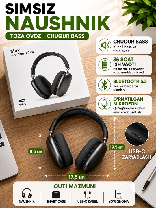 Smart Case bilan Simsiz Bluetooth Naushnik, Hi-Fi Stereo, Bluetooth 5.3, USB-C