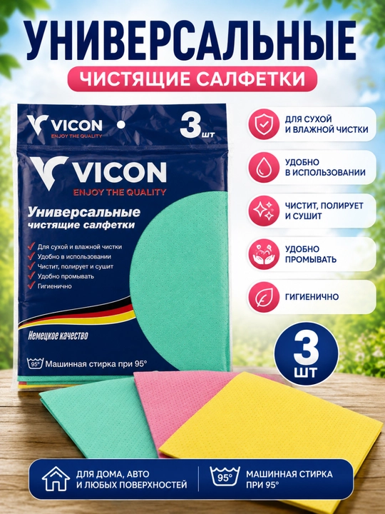 Салфетки для уборки VICON, универсальные, для сухой и влажной уборки, 3 шт