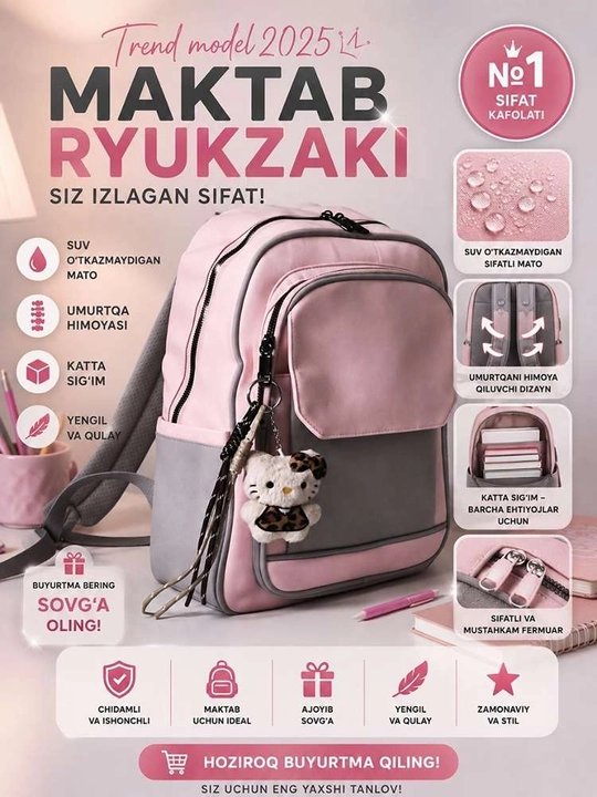 Maktab ryukzaklar, sumkalar, bolalar sumkalari, qizlar sumkalari, papka, universal ryukzak