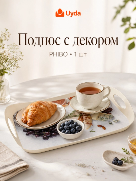 Поднос с ручками Phibo пластиковый прямоугольный для подачи завтрака, чая, сервировки