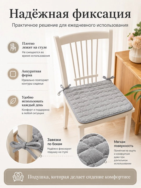 Подушка-сидушка на стул стеганая с завязками, мягкая нескользящая для дома, 40x40 см