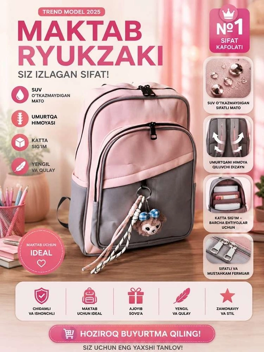 Maktab ryukzaklar, sumkalar, bolalar sumkalari, qizlar sumkalari, papka, universal ryukzak - 
