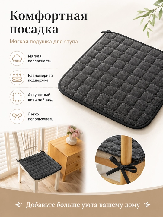 Подушка-сидушка на стул стеганая с завязками, мягкая нескользящая для дома, 40x40 см