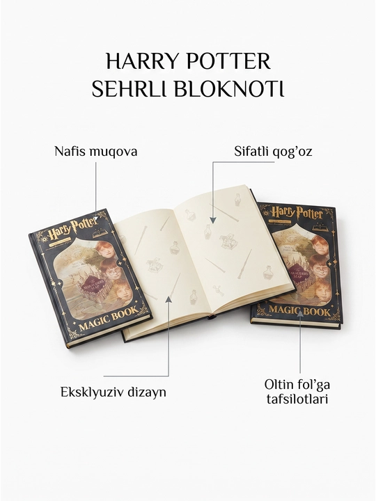 Harry Potter sehrli bloknot, qattiq muqovali daftar A5 format, sovg‘a uchun chiroyli yozuv - 