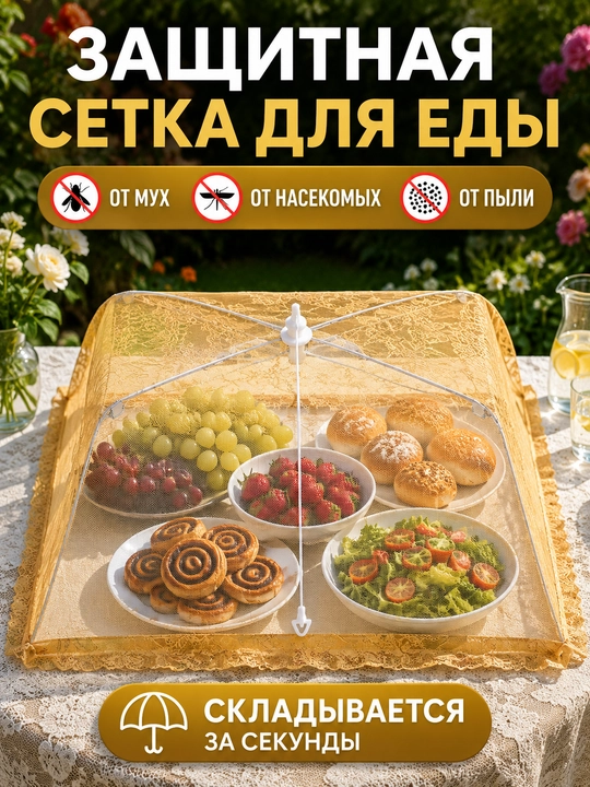 Защитная сетка для еды от мух и насекомых, складной колпак-зонтик 65×46 см - 