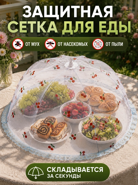 Защитная сетка для еды от мух и насекомых, складной колпак-зонтик 65×46 см - 