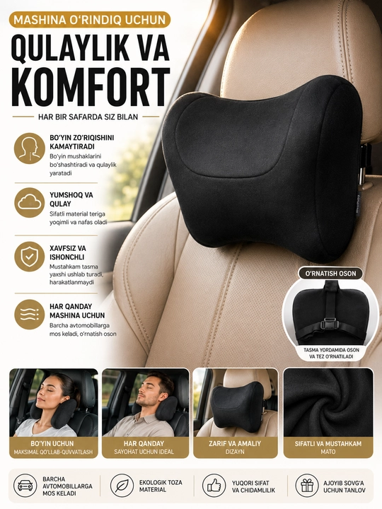 Avtomobil o‘rindig‘i uchun bo‘yin yostiqchasi — ergonomik bosh tayanchi, qora - 