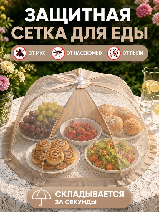 Защитная сетка для еды от мух и насекомых, складной колпак-зонтик 65×46 см - 