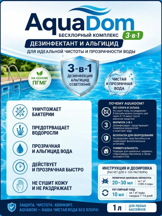 AquaDom – hovuzlar uchun 3 tasi 1 da xlorsiz majmua Muvaffaqiyatli tozalik va suvning