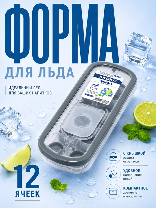Muz uchun qolip, 12 katakli, qopqoqli, suvni muzlatish uchun, plastik - 