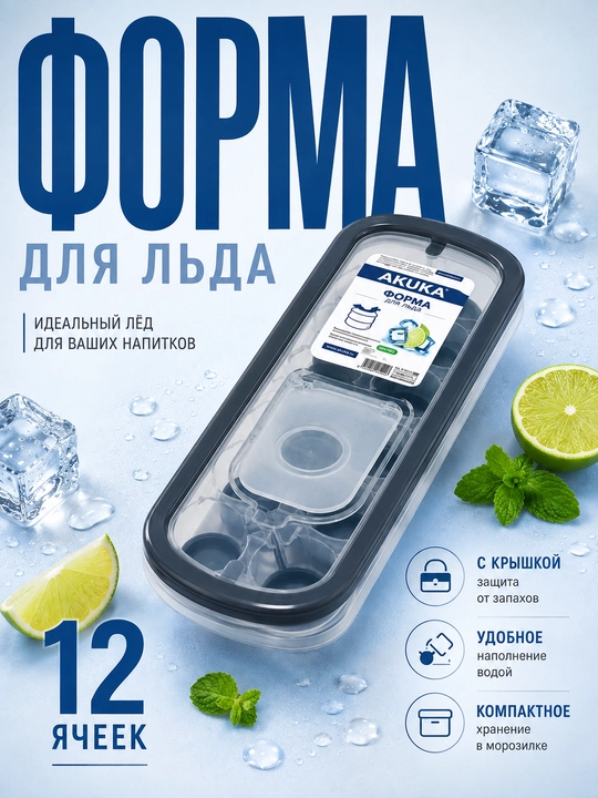 Muz uchun qolip, 12 katakli, qopqoqli, suvni muzlatish uchun, plastik - 
