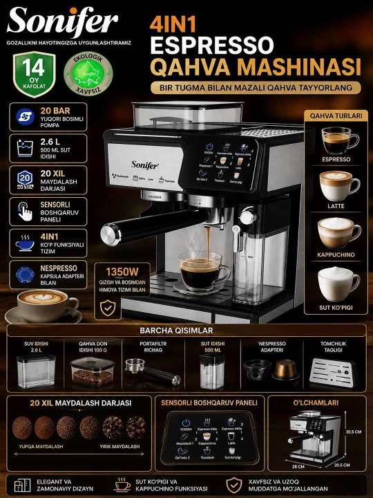 Sonifer SF-3590S 4 in 1 espresso qahva mashinasi