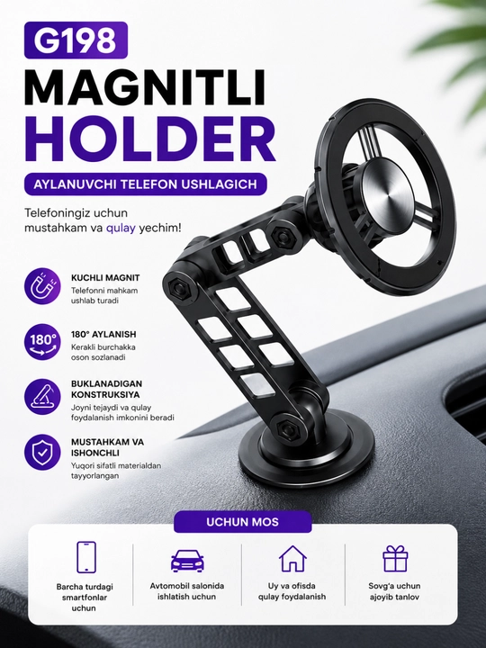 G198 magnitli telefon ushlagich, aylanuvchi va buklanadigan, avtomobil uchun - 