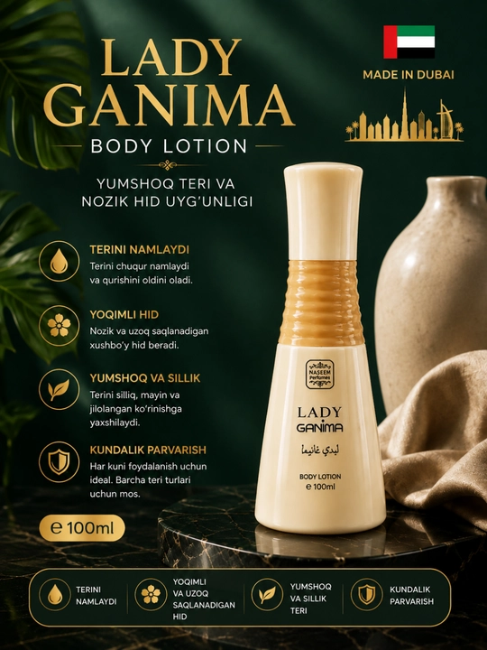NASEEM LADY GANIMA tana losoni 100 ml — namlovchi va yoqimli hidli body lotion