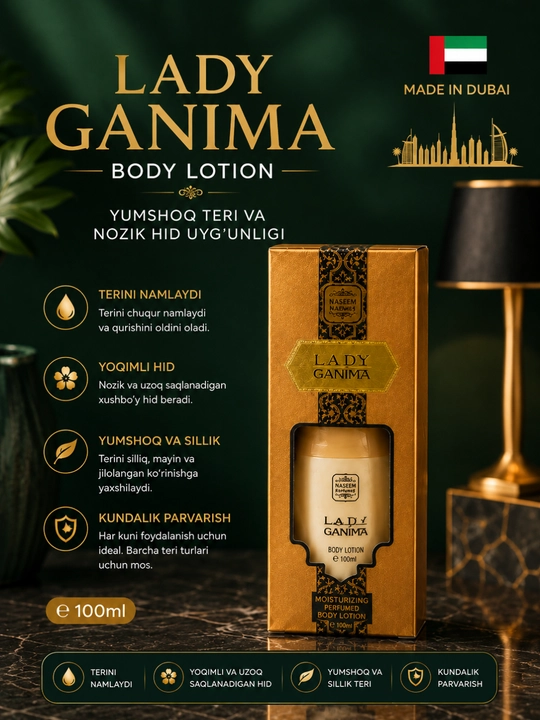 NASEEM LADY GANIMA tana losoni 100 ml — namlovchi va yoqimli hidli body lotion