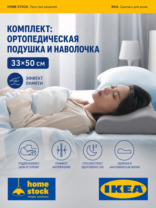 Комплект ортопедическая подушка IKEA и наволочка ИКЕА, 33×50 см - 