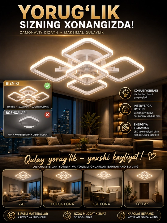 Lyustra, zamonaviy shift qandili, pultli, yorug‘ligi sozlanadigan