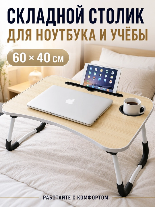 Складной столик для ноутбука и кровати 60×40 см, с подстаканником и подставкой - 