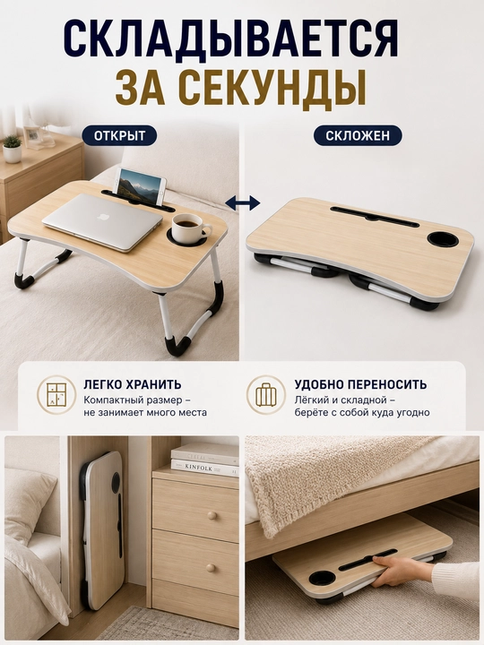 Складной столик для ноутбука и кровати 60×40 см, с подстаканником и подставкой