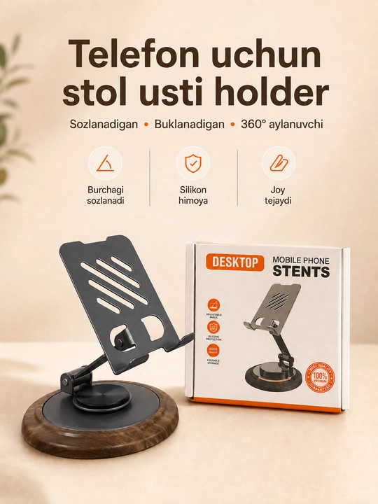 Telefon uchun stol usti holder, 360° aylanadigan va sozlanadigan - 