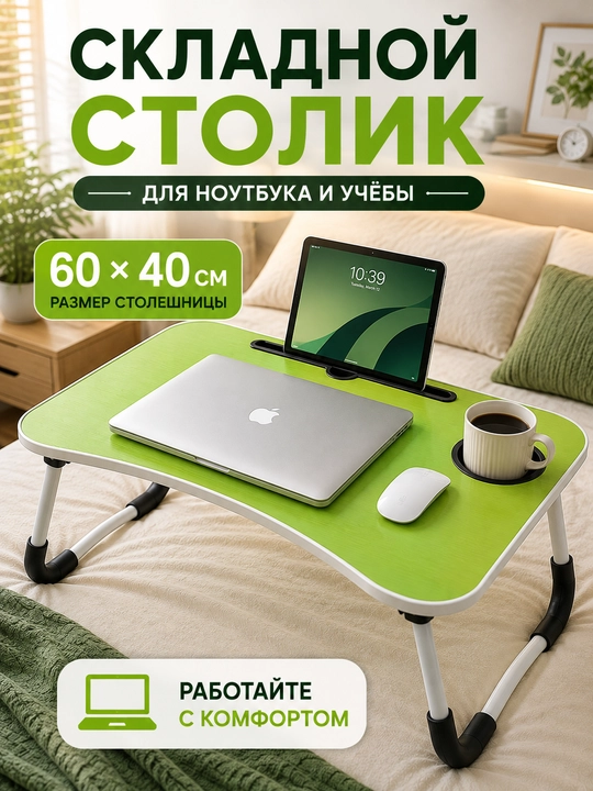 Складной столик для ноутбука и кровати 60×40 см, с подстаканником и подставкой - 