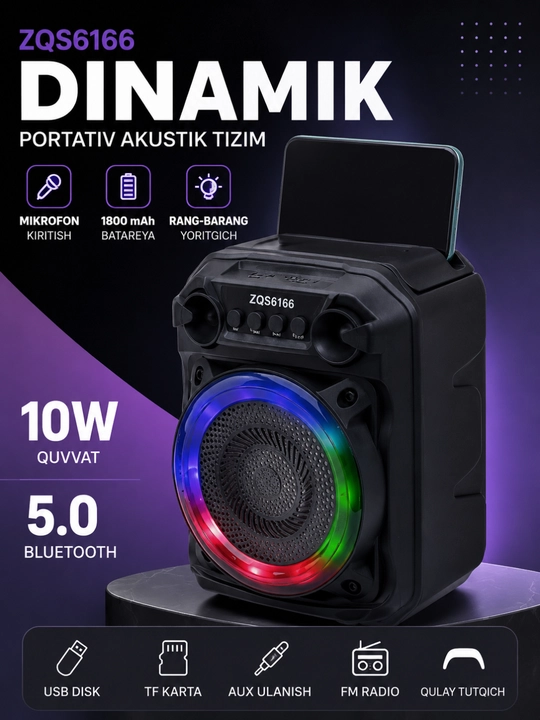ZQS6166 Portativ Bluetooth Kolonka 10W, Bluetooth 5.0, FM Radio, USB, TF, AUX - 