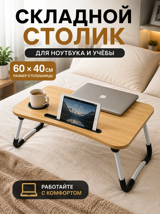 Складной столик для ноутбука и кровати 60×40 см, с подстаканником и подставкой - 