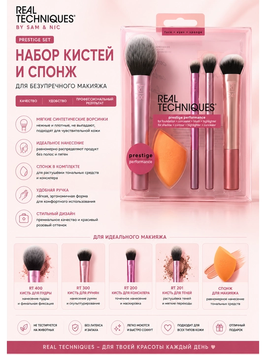 Pardoz uchun cho'tkalar to'plami va sponj Real Techniques Everyday Essentials Set - 