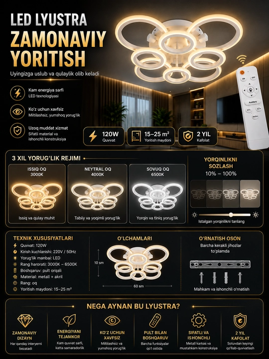 Lyustra, zamonaviy shift qandili, pultli, yorug‘ligi sozlanadigan