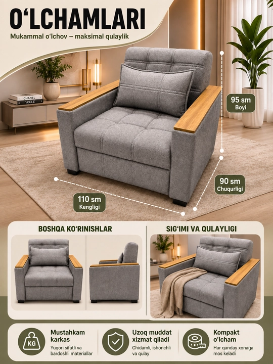 Yumshoq kreslo-divan, uy va mehmonxona uchun zamonaviy mebel