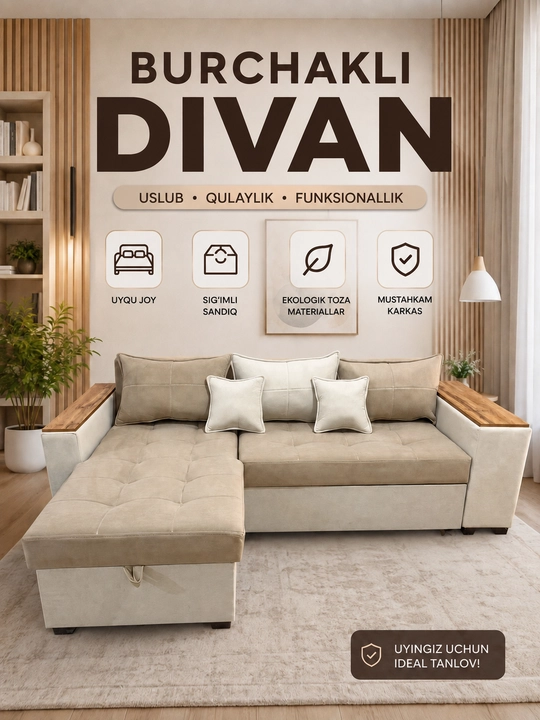 Yashikli yig‘ma burchakli divan, yumshoq divan, divan karavot Woodzone - 