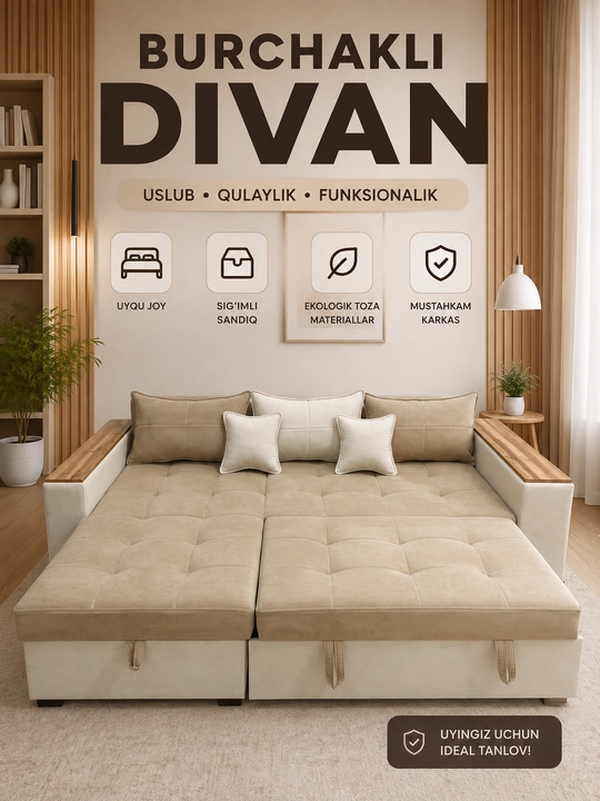 Yashikli yig‘ma burchakli divan, yumshoq divan, divan karavot Woodzone