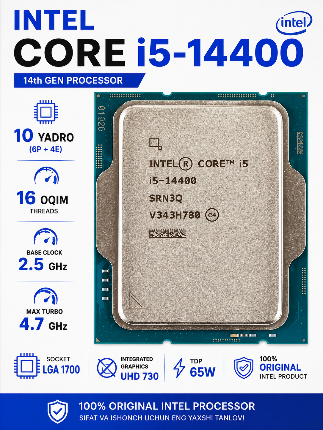 Intel Core i5-14400 CPU, 14-avlod, 10 yadro 16 oqim, 4.7GHz, 20MB Cache, LGA1700 - 
