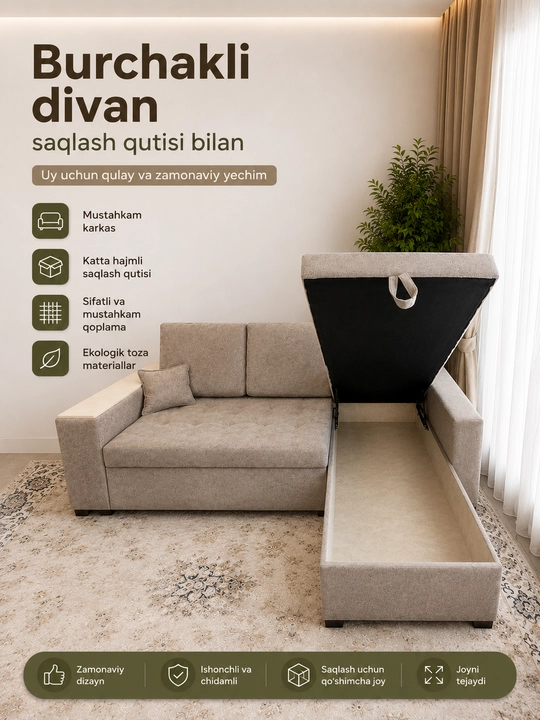 Yashikli yig‘ma burchakli divan, yumshoq divan, divan karavot Woodzone