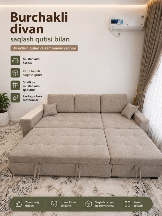 Yashikli yig‘ma burchakli divan, yumshoq divan, divan karavot Woodzone