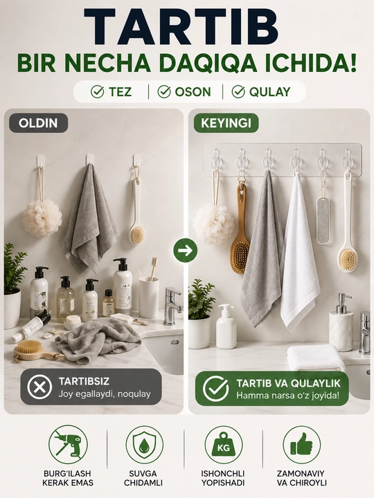 O‘z-o‘zidan yopishadigan devor ilgich – hammom, oshxona va yotoqxona uchun veshalka