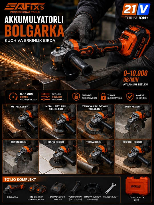 AFIXS 21V cho‘tkasiz akkumulyatorli bolgarka diskni diametri 125mm