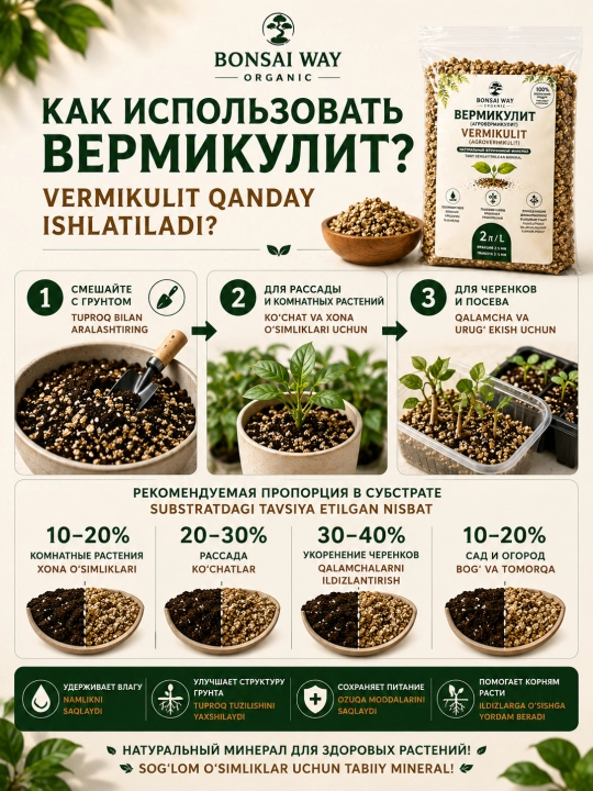 Вермикулит Bonsai Way Organic, агровермикулит, фракция 2–5 мм