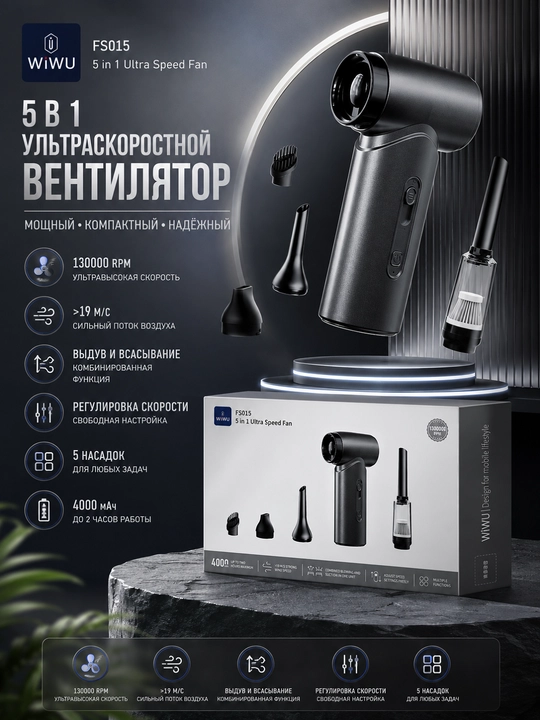 WiWU  5 in 1 portativ ventilyator, 4000 mA·soat, kuchli havo oqimi - 