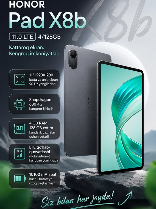 HONOR Pad X8b 11.0 LTE 4/128GB Gray planshet, 11 dyuym, 90Hz, Snapdragon 680 - 