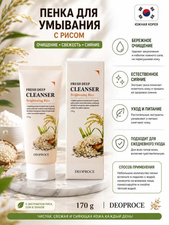 DEOPROCE Natural Perfect Solution Cleansing Foam Rice Пенка для умывания, 170 г - 
