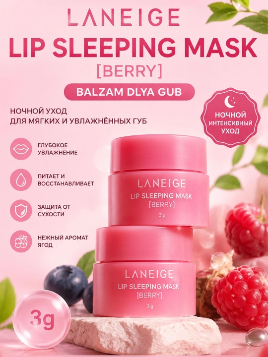 LANEIGE Lip Sleeping Mask Berry 3 г — увлажняющий ночной бальзам-маска для губ - 