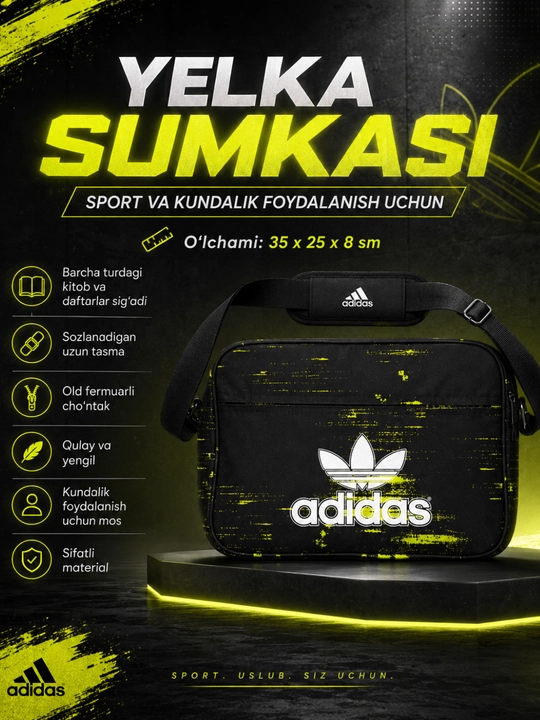 Uniseks yelka sumkasi, maktab, kitob, daftar, sport, ish, o‘qish va sayohat uchun